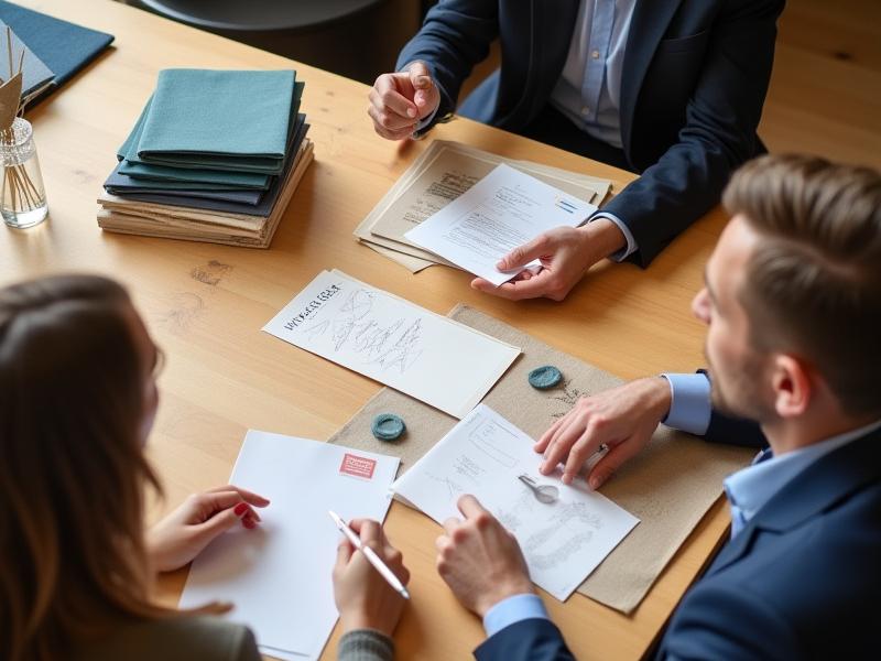 Vue d'un partenariat B2B avec des échantillons de papier artisanal et des tissus sur une table de réunion.
